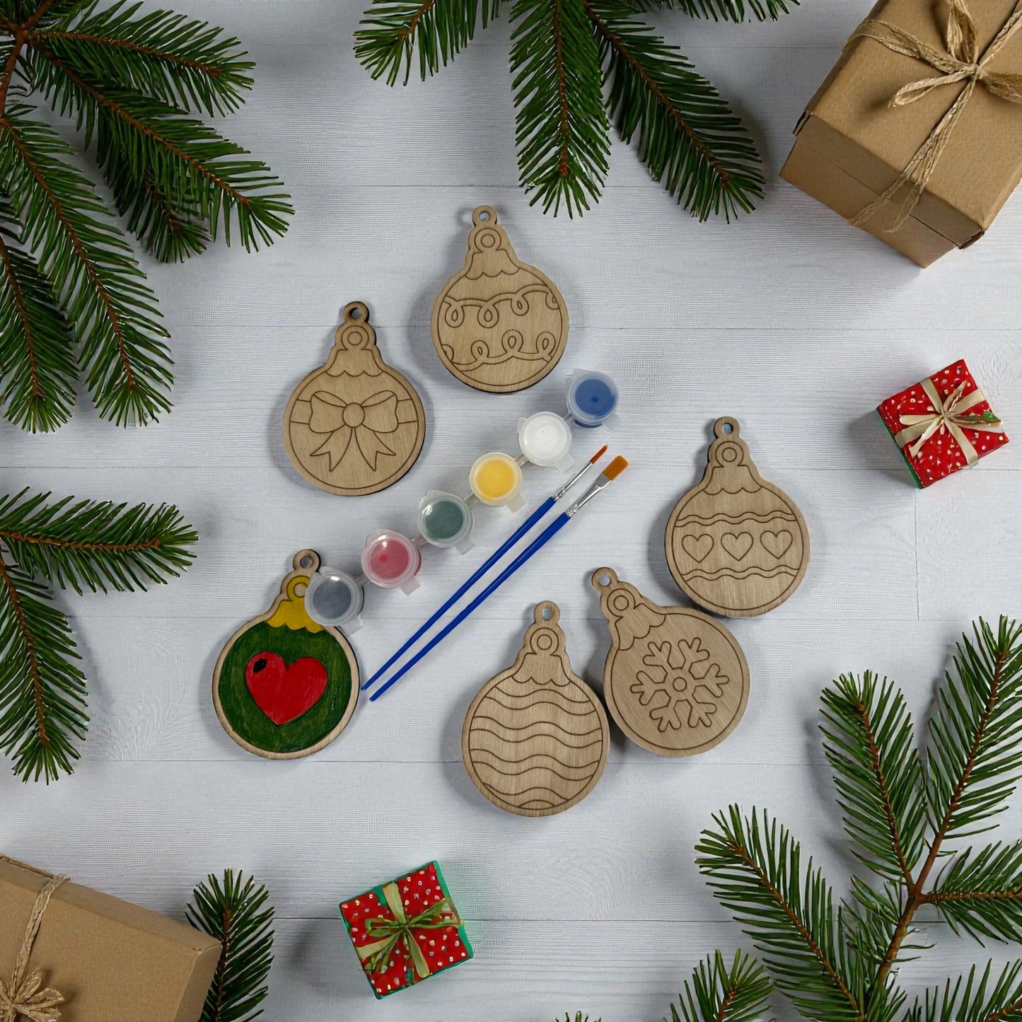 kids craft. Christmas ornaments and paint set